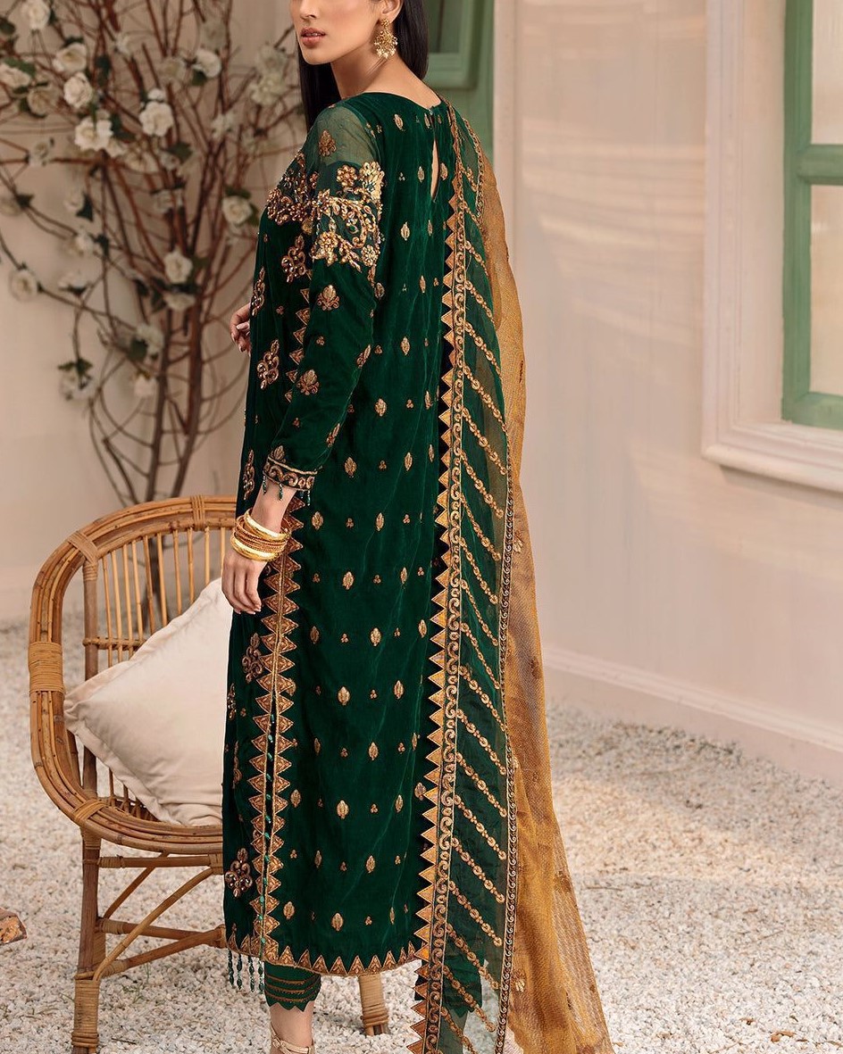 Velvet Embroidered 3PC Suit with Net Dupatta - Image 2