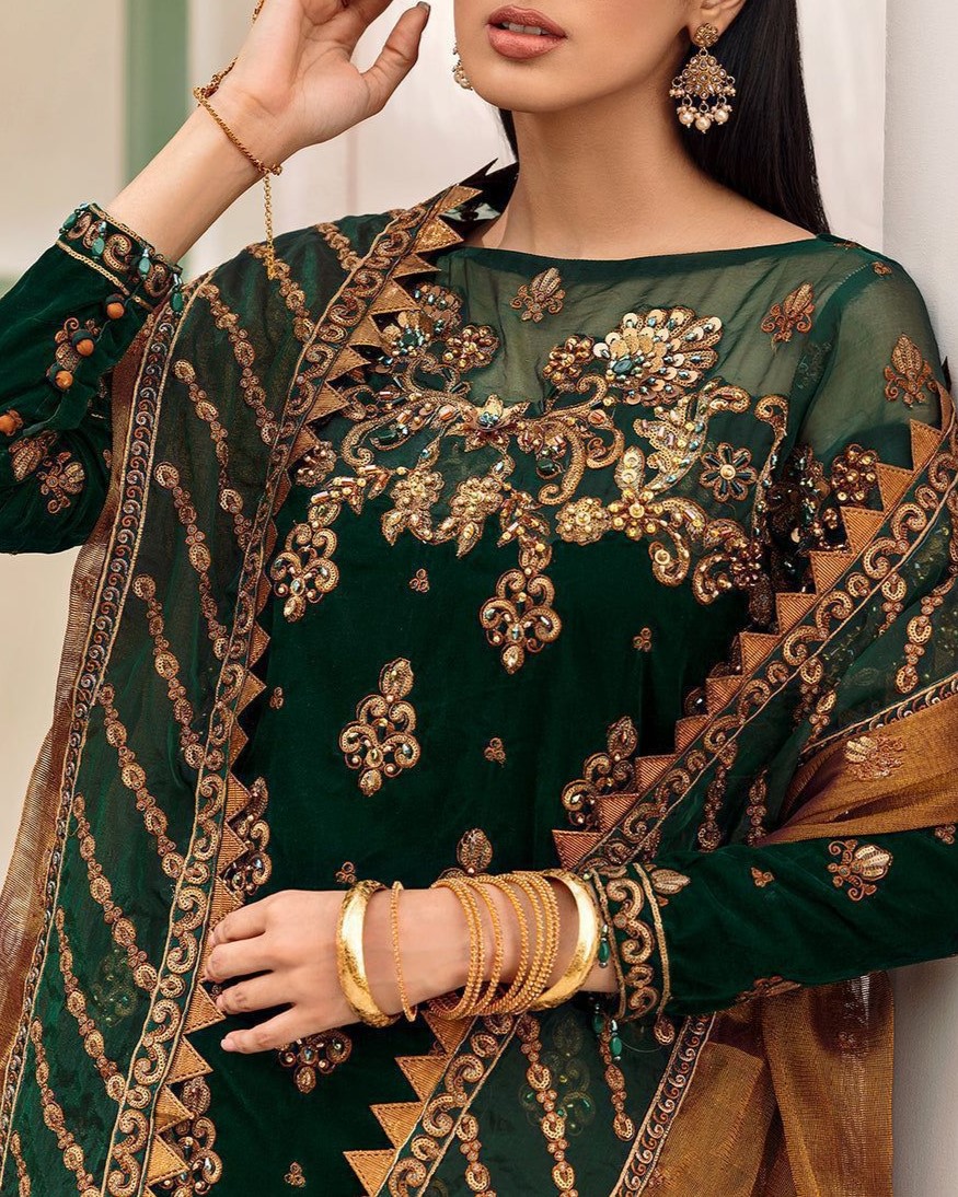 Velvet Embroidered 3PC Suit with Net Dupatta - Image 3