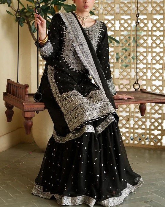 Chiffon Heavy Embroidered Spangle Work 3PC Suit - Image 3