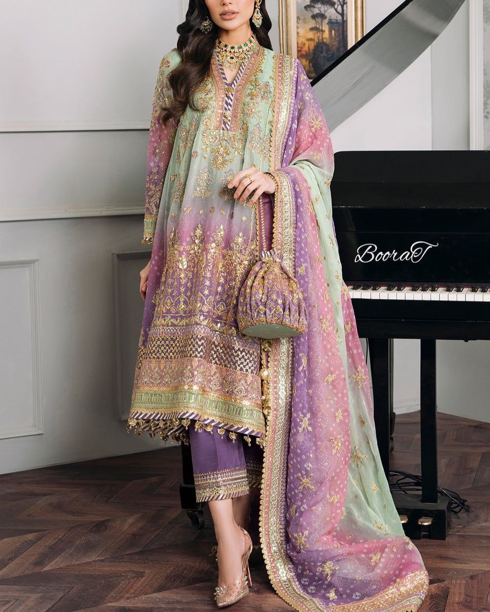 Chiffon Embroidered 3PC Suit with Silk Trouser - Image 3