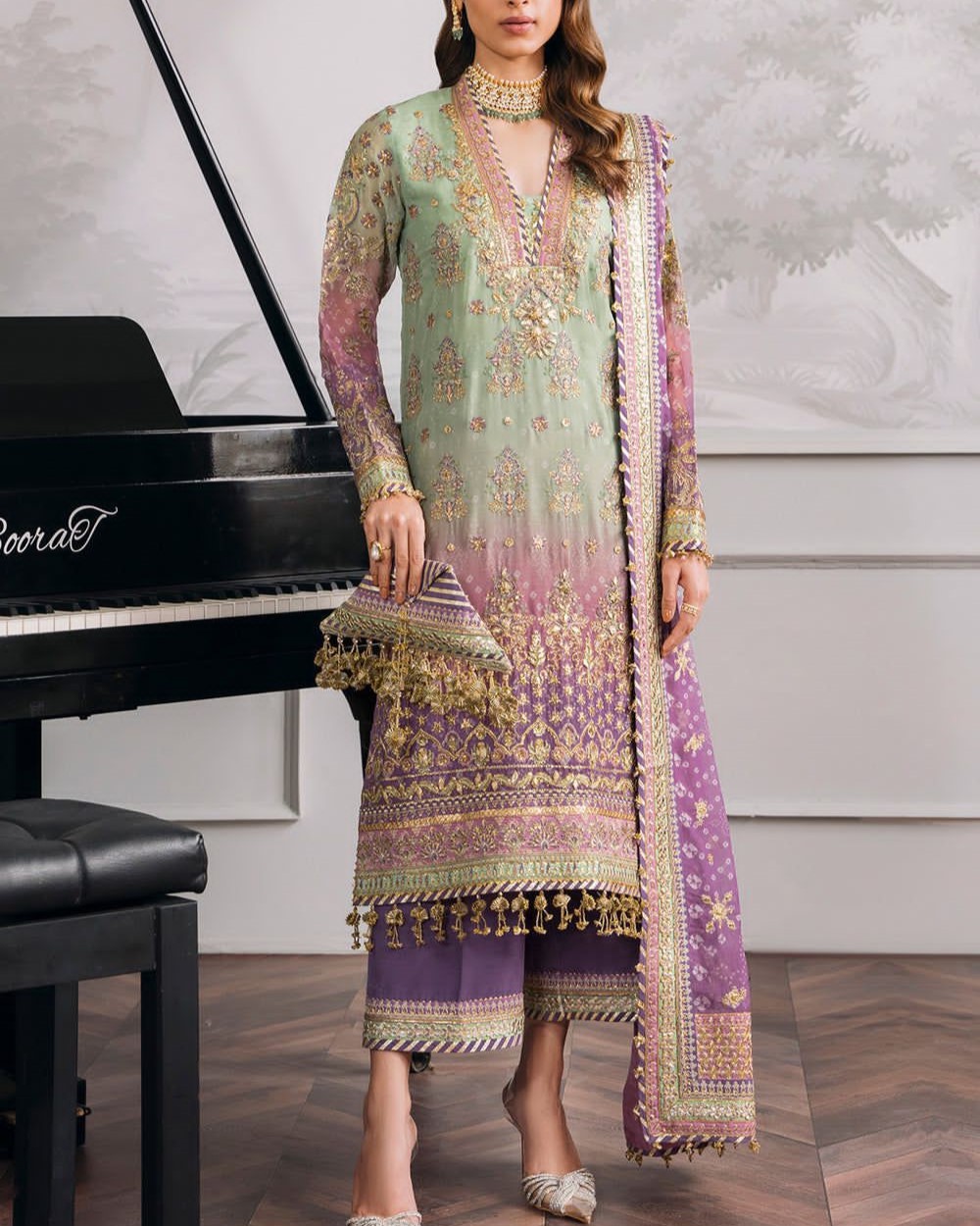 Chiffon Embroidered 3PC Suit with Silk Trouser - Image 2