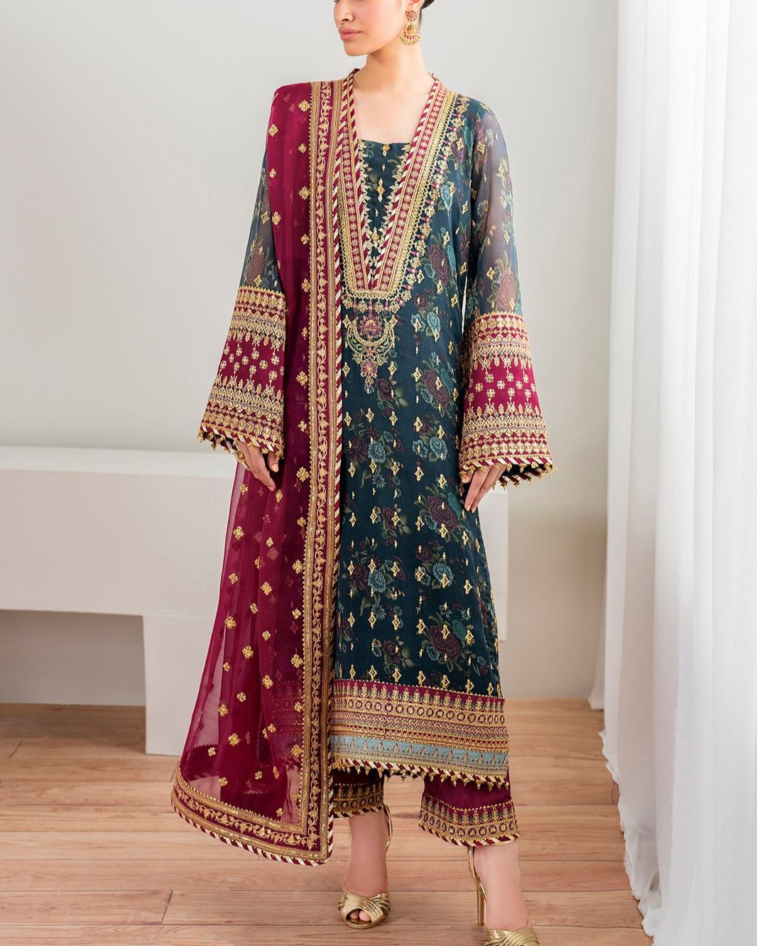 Chiffon Digital Print & Sequence Work 3PC Suit with Silk Trouser