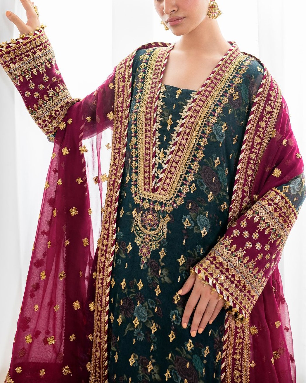 Chiffon Digital Print & Sequence Work 3PC Suit with Silk Trouser - Image 5