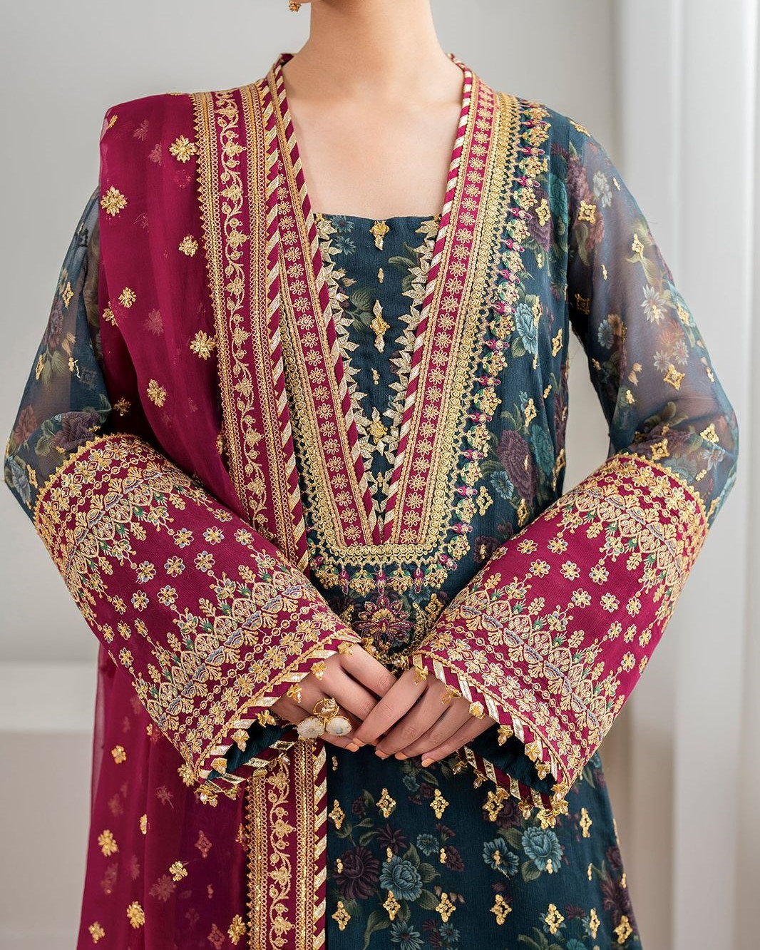 Chiffon Digital Print & Sequence Work 3PC Suit with Silk Trouser - Image 6