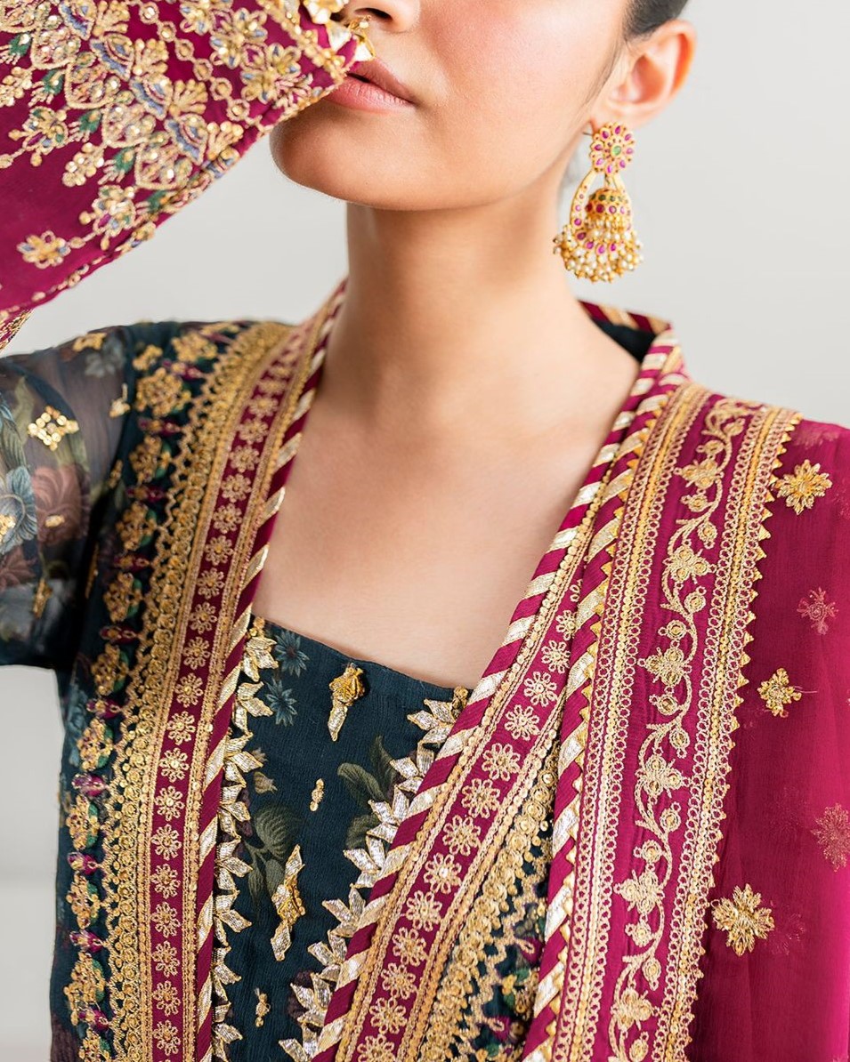 Chiffon Digital Print & Sequence Work 3PC Suit with Silk Trouser - Image 4