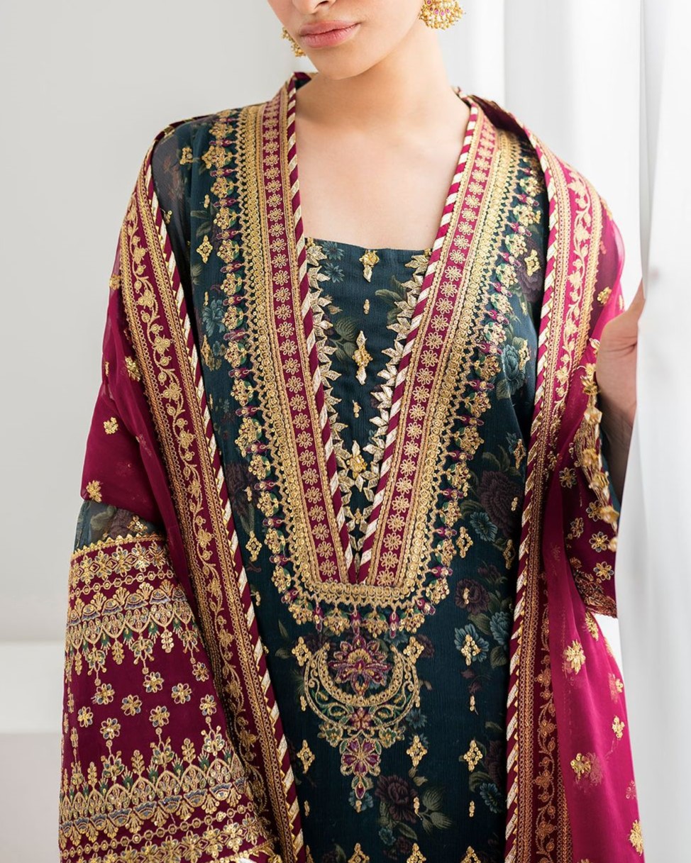 Chiffon Digital Print & Sequence Work 3PC Suit with Silk Trouser - Image 3