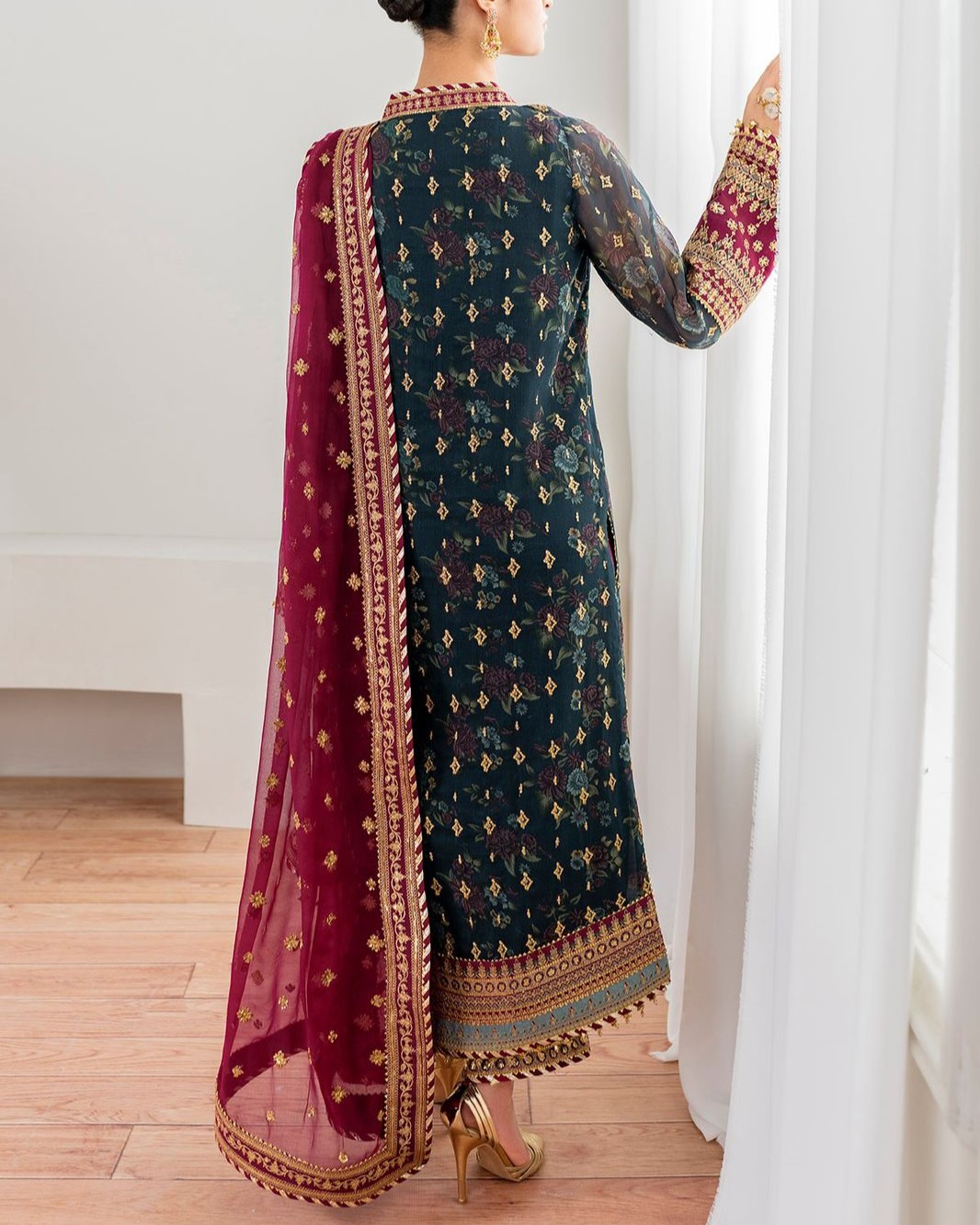 Chiffon Digital Print & Sequence Work 3PC Suit with Silk Trouser - Image 2