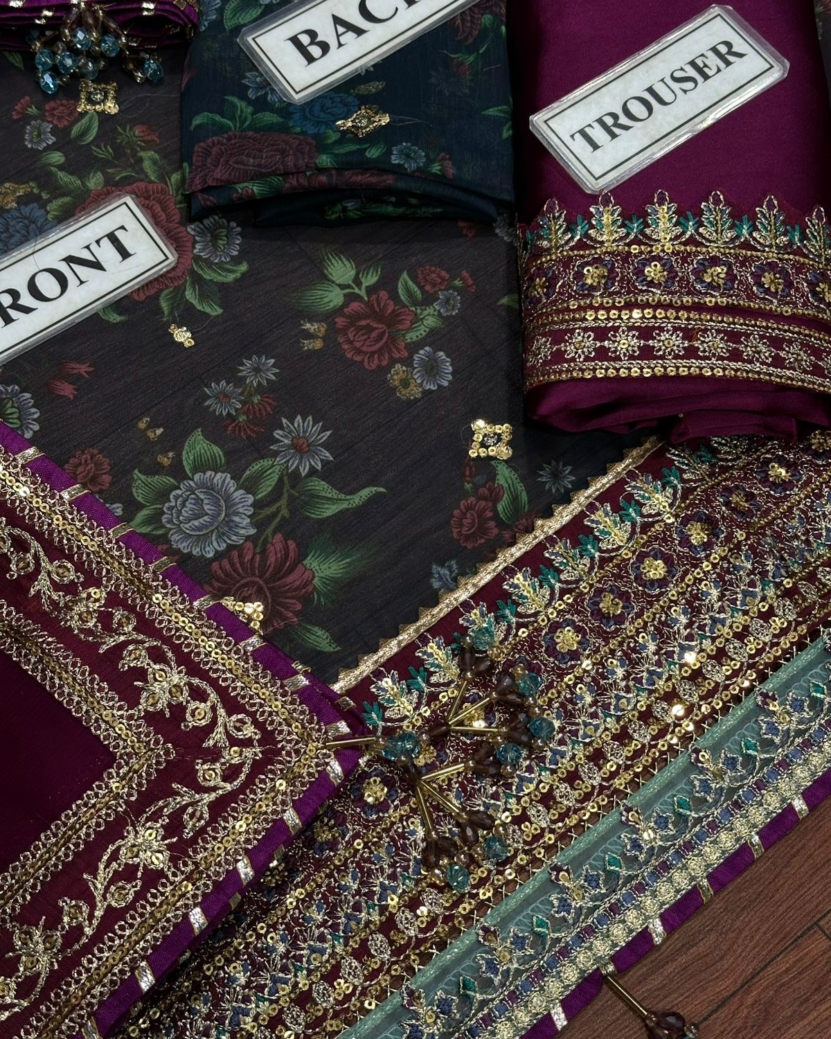 Chiffon Digital Print & Sequence Work 3PC Suit with Silk Trouser - Image 10