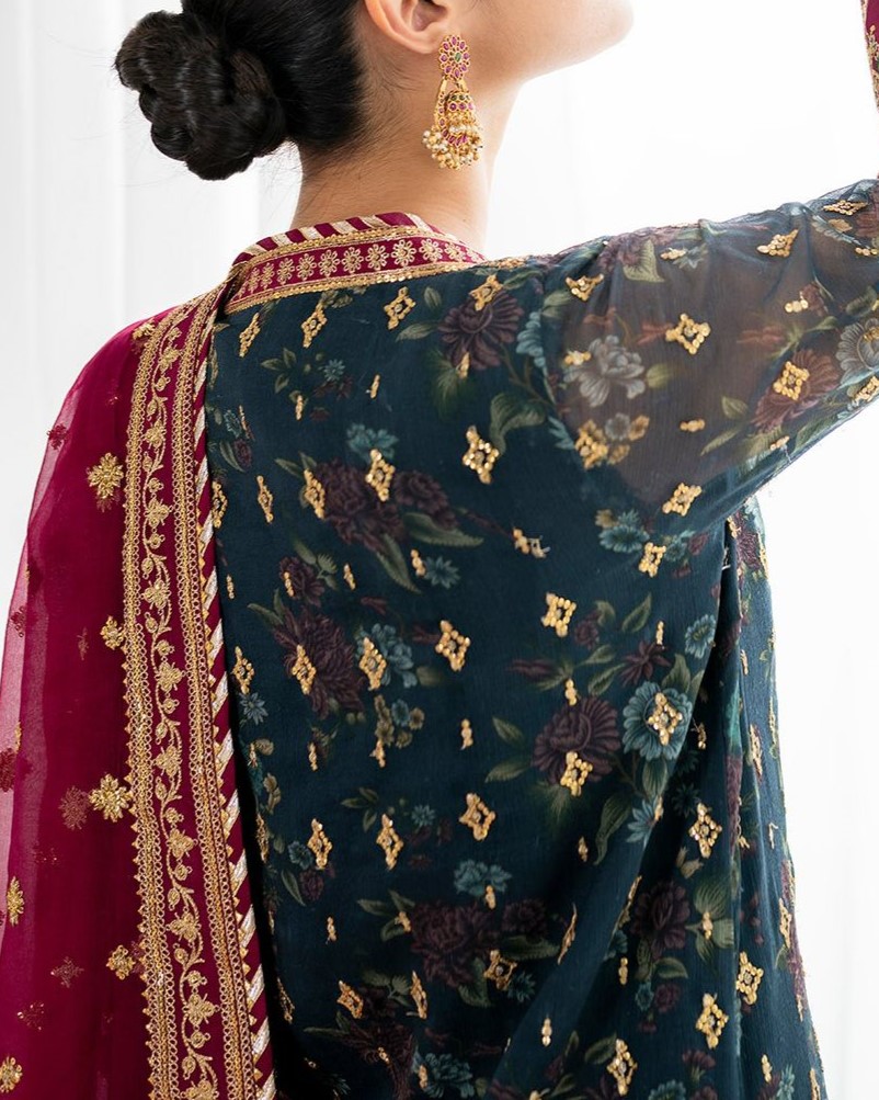 Chiffon Digital Print & Sequence Work 3PC Suit with Silk Trouser - Image 7