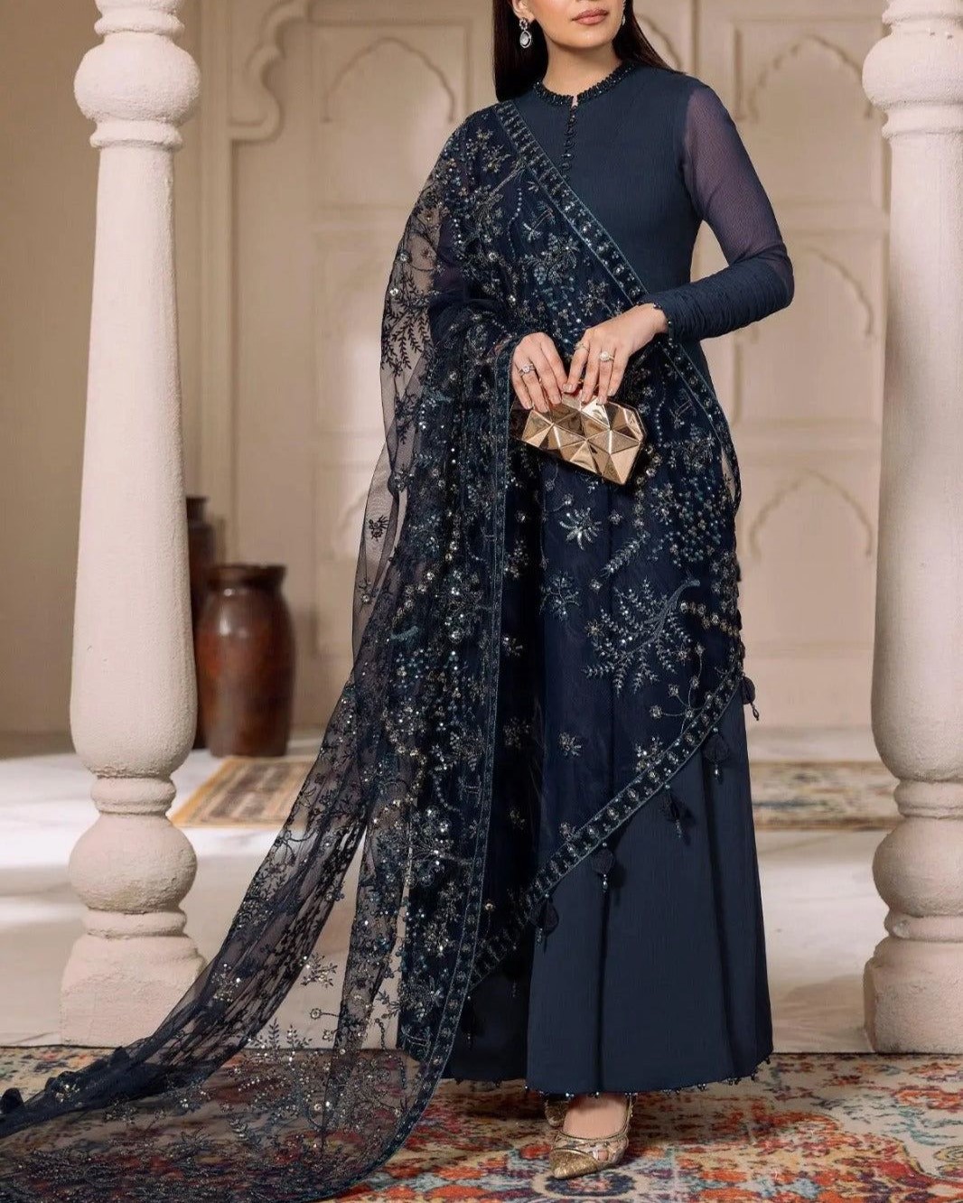 Chiffon 3PC Suit with Net Dupatta & Satin Silk Trouser
