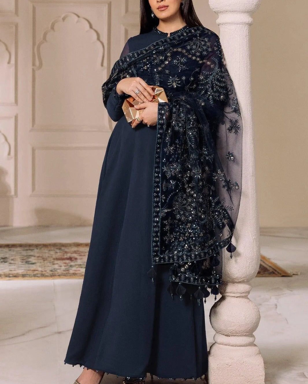 Chiffon 3PC Suit with Net Dupatta & Satin Silk Trouser - Image 2