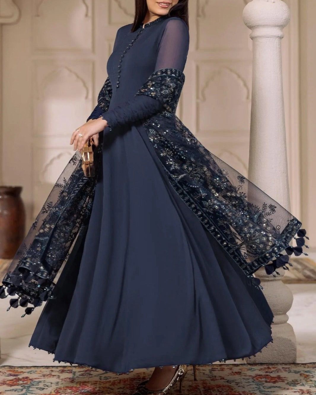 Chiffon 3PC Suit with Net Dupatta & Satin Silk Trouser - Image 3