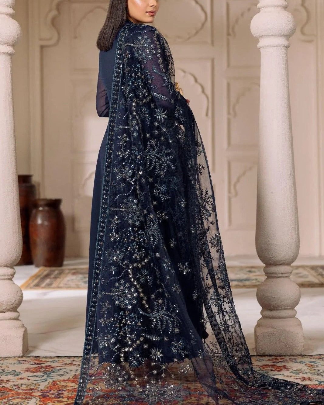 Chiffon 3PC Suit with Net Dupatta & Satin Silk Trouser - Image 4
