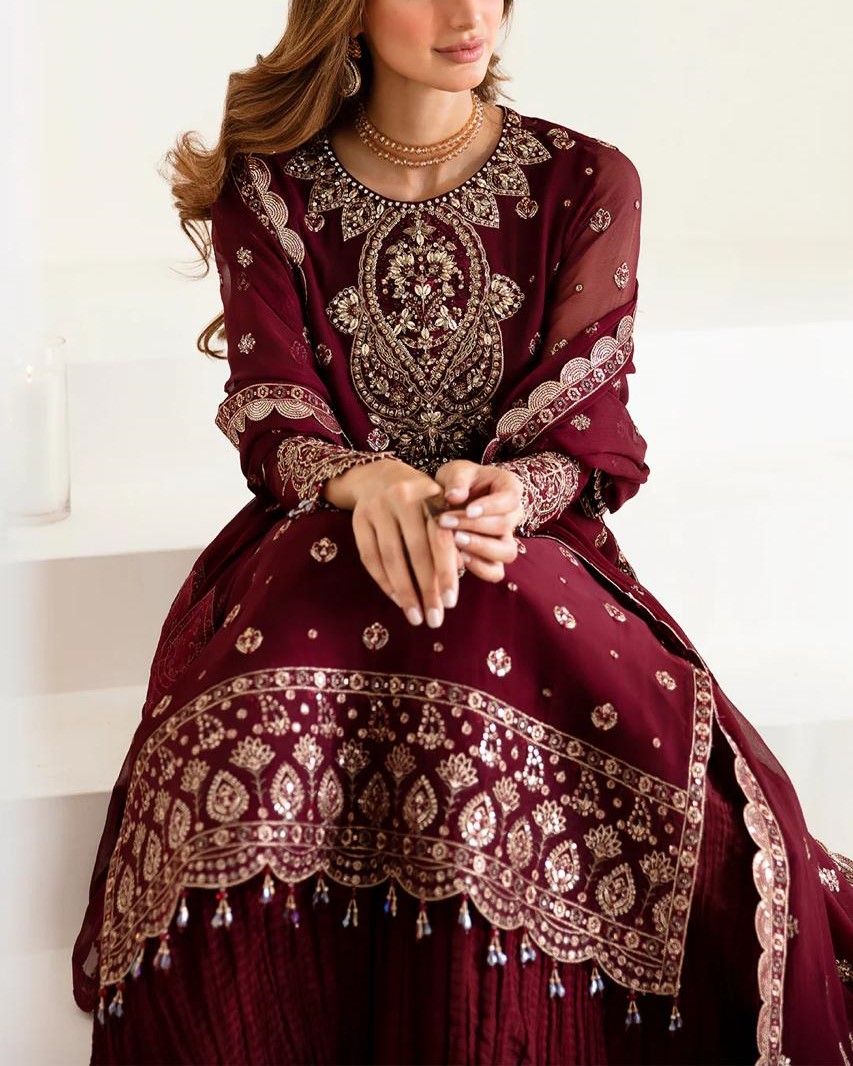 Chiffon Embroidered Suit with Silk Gharara Trouser - Image 3