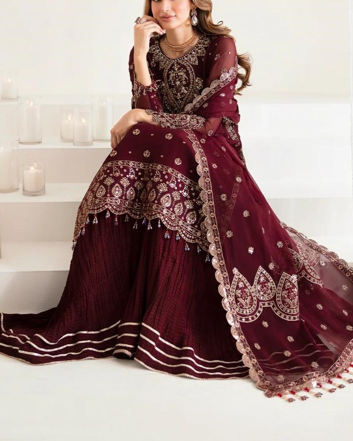 Chiffon Embroidered Suit with Silk Gharara Trouser - Image 2