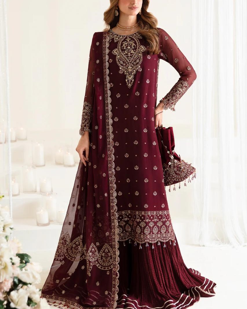 Chiffon Embroidered Suit with Silk Gharara Trouser