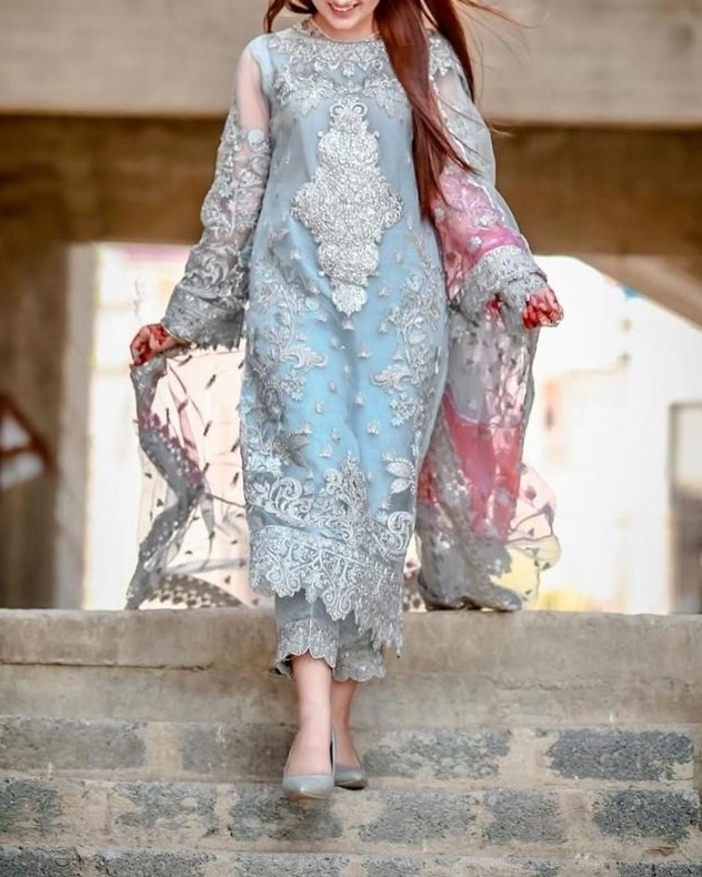 Organza Handworked 3PC Suit with Satin Silk Trouser