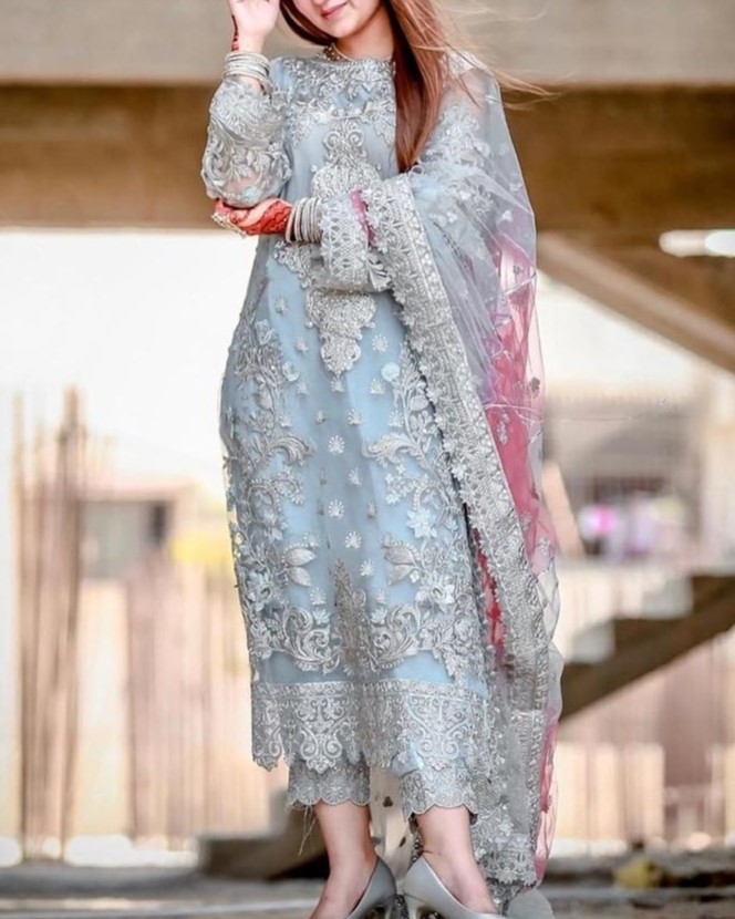 Organza Handworked 3PC Suit with Satin Silk Trouser - Image 2