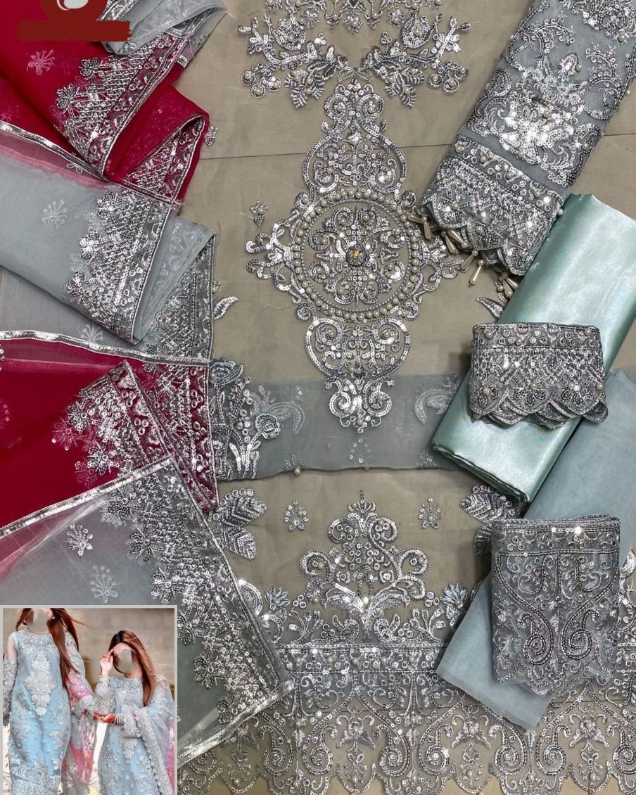 Organza Handworked 3PC Suit with Satin Silk Trouser - Image 6