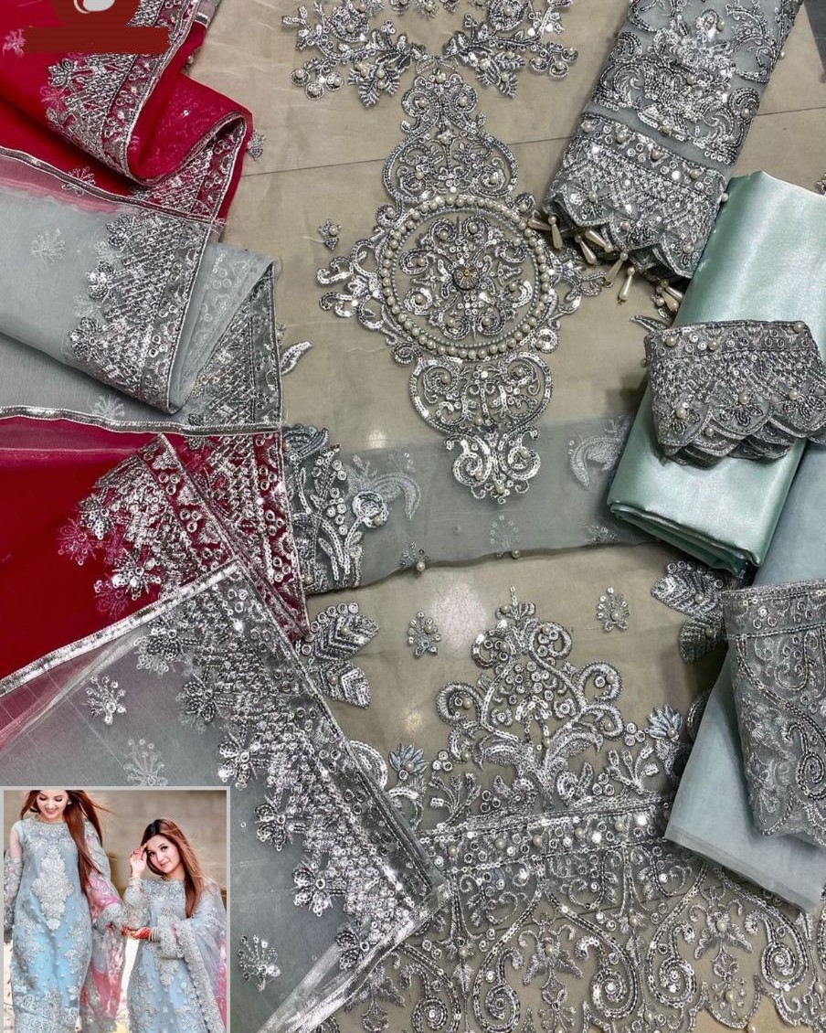 Organza Handworked 3PC Suit with Satin Silk Trouser - Image 5