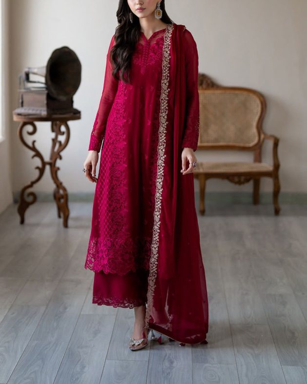 Elegant Chiffon Embroidered Suit with Shamoz Silk Trouser