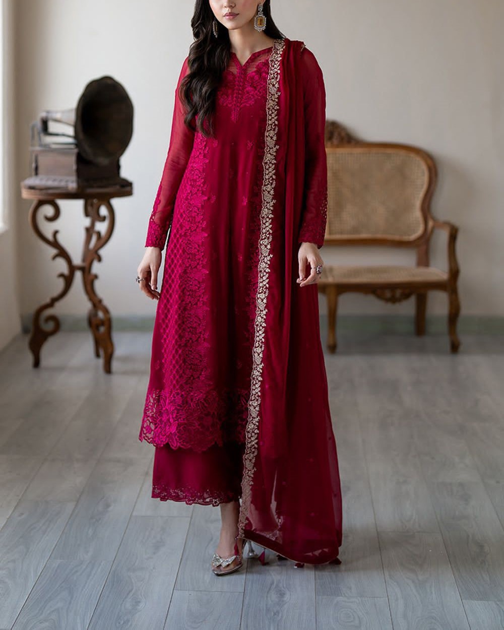 Elegant Chiffon Embroidered Suit with Shamoz Silk Trouser