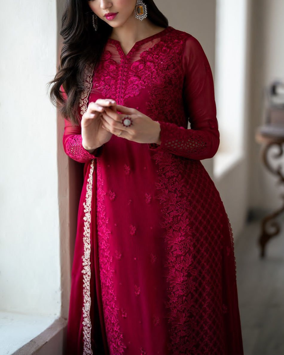 Elegant Chiffon Embroidered Suit with Shamoz Silk Trouser - Image 4