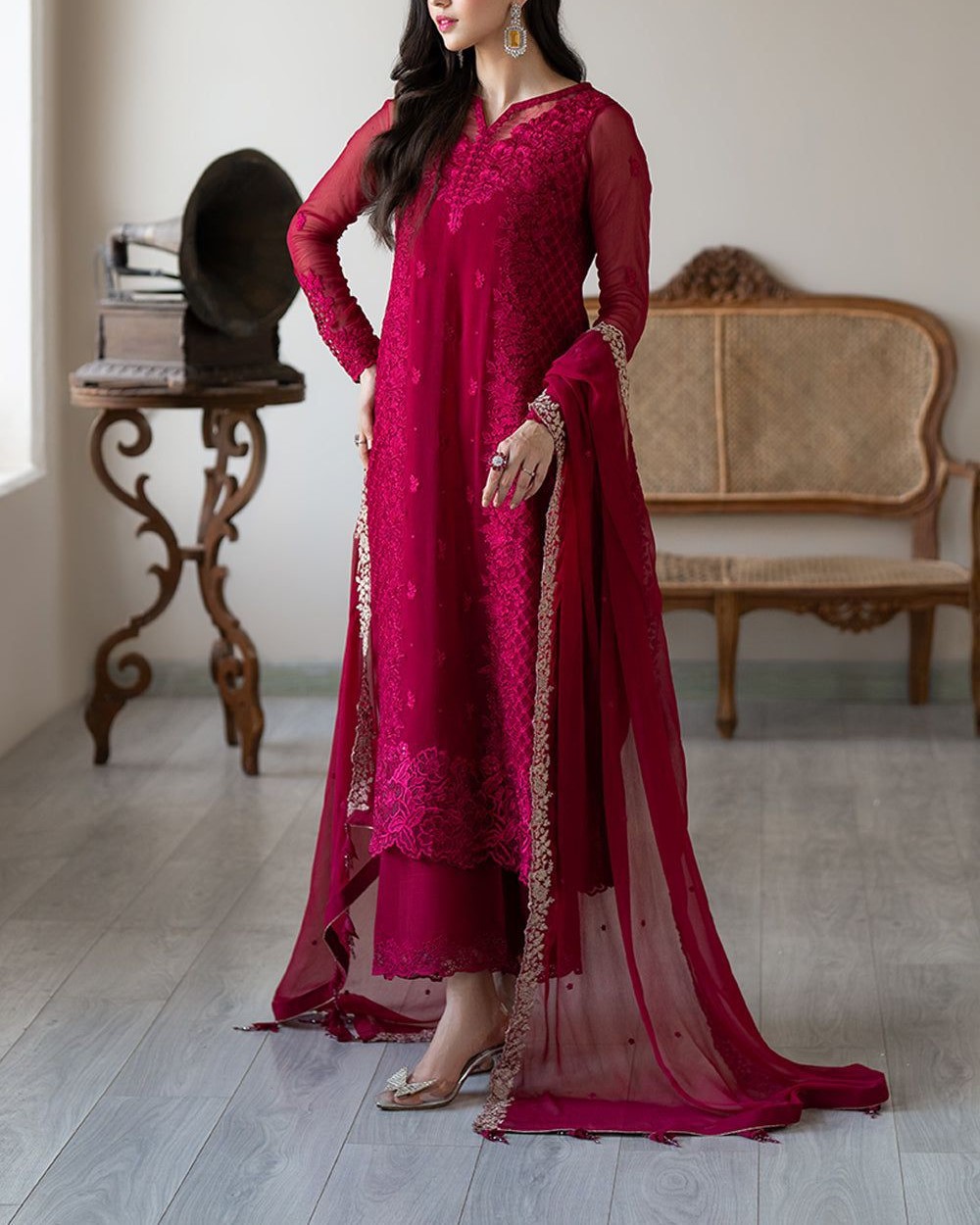 Elegant Chiffon Embroidered Suit with Shamoz Silk Trouser - Image 3