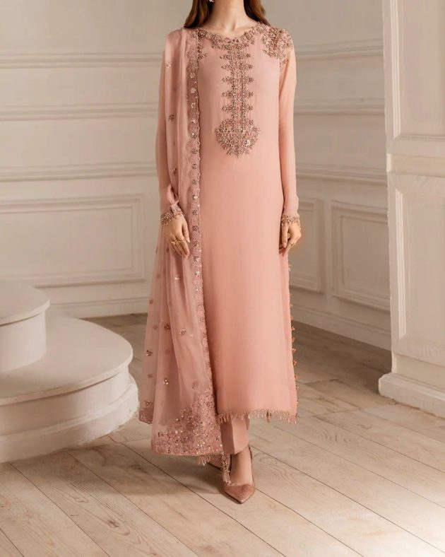 Elegant Chiffon Embroidered Suit with Malai Inner & Trouser