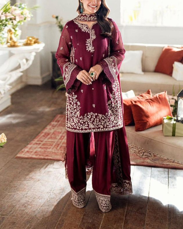 Pure Chiffon Embroidered Spengle Work Suit with Malai Trouser