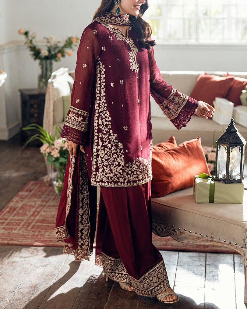 Pure Chiffon Embroidered Spengle Work Suit with Malai Trouser - Image 2