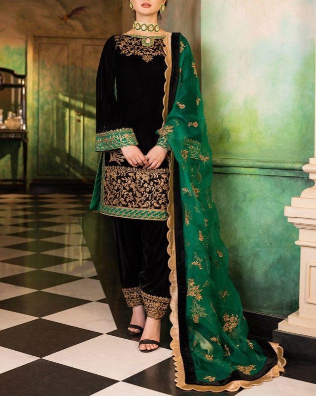 Velvet Heavy Spangle Embroidered Suit with Organza Dupatta
