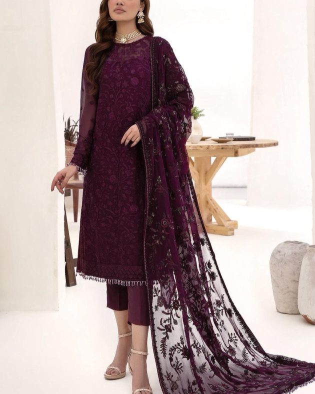 Chiffon Heavy Embroidered Suit with Silk Trouser